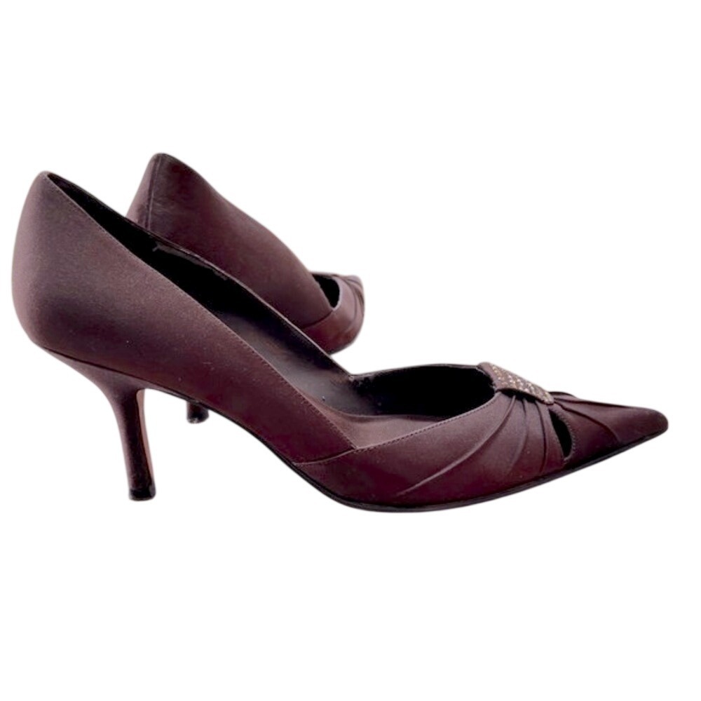Nina Brown Satin Pointed Toe Rhinestone Buckle Kitten Heel Pumps Size 10M